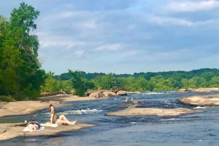 girls on the rocks at the James River