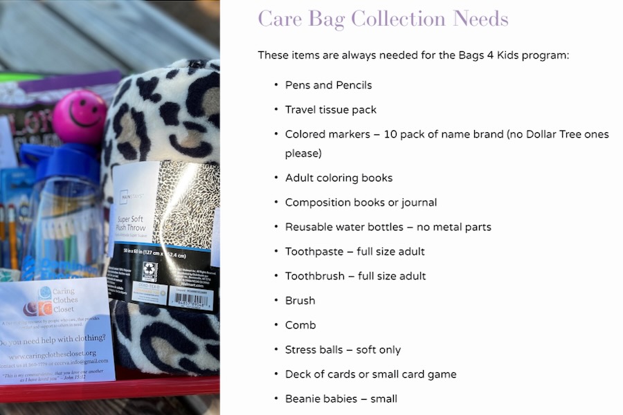 Caring Closet list of items needed to fill bags