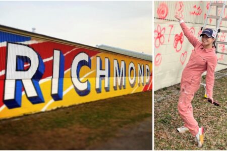muralist Michelle Hollender with art at Richmond Raceway