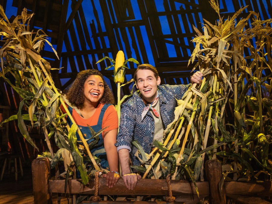 Maya Lagerstam as Storyteller 1 and Tyler Joseph Ellis as Storyteller 2 in The North American Tour of SHUCKED (Photo by Matthew Murphy and Evan Zimmerman) 0861