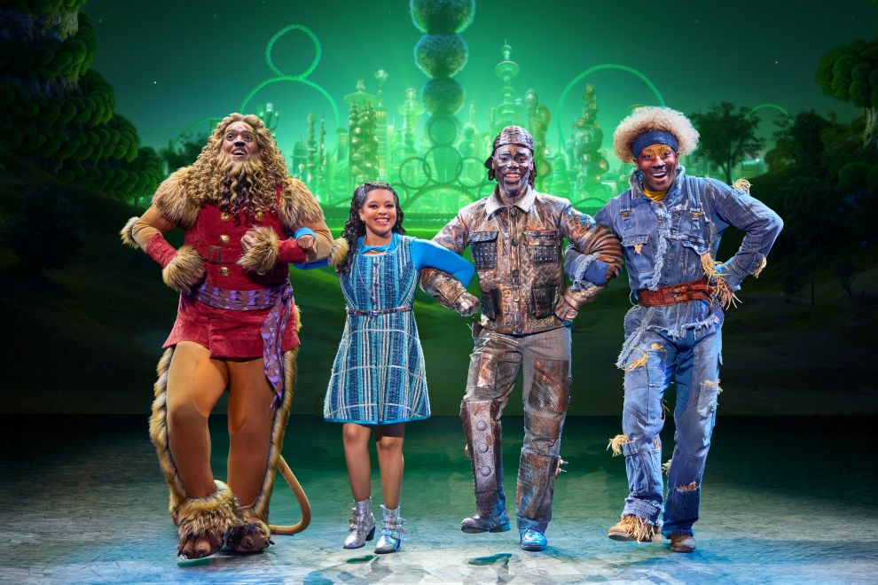 Cal Mitchell as The Lion, Dana Cimone as Dorothy, D. Jerome as The Tinman, and Elijah Ahmad Lewis as The Scarecrow in the North American Tour of THE WIZ. Photo by Jeremy Daniel