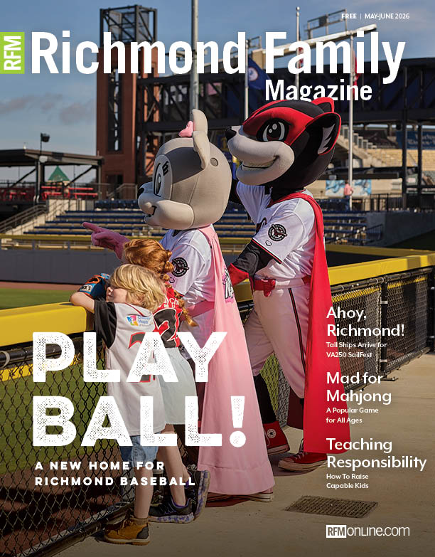 Richmond Family Magazine May-June 2026 Cover featuring CarMax Park and the Richmond Flying Squirrels mascots, Nutzy and Nutasha, along with two baseball loving kids
