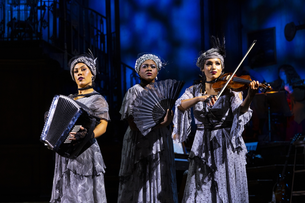 Dominique Kempf, Nyla Watson, and Belén Moyano in “Hadestown” North American Tour