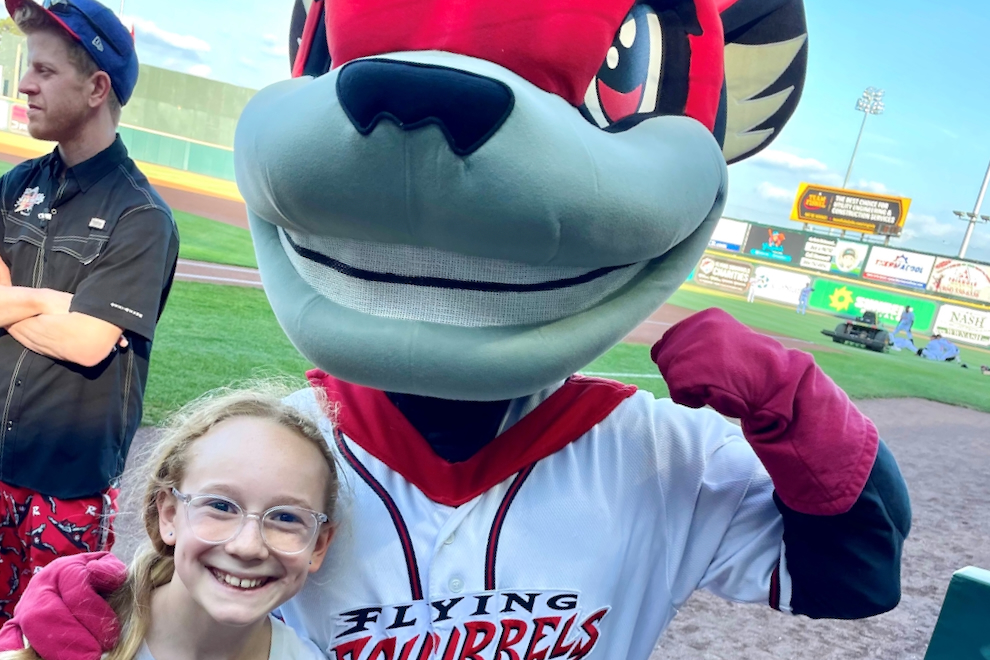 AAA School Safety Patrol honoree and Nutzy - Richmond Flying Squirrels mascot