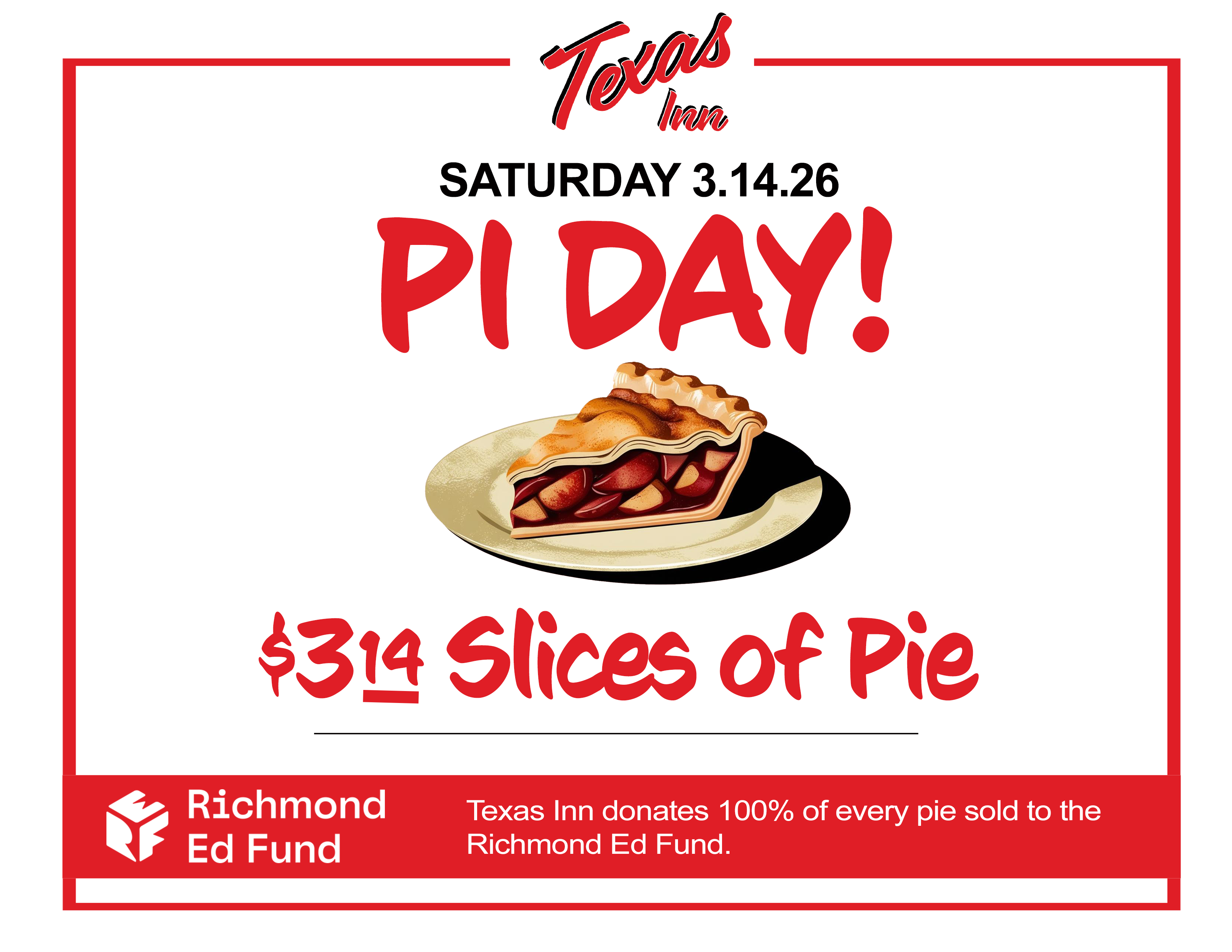 Texas Inn Celebrates Pi Day with 100% Proceeds to Richmond Ed Fund
