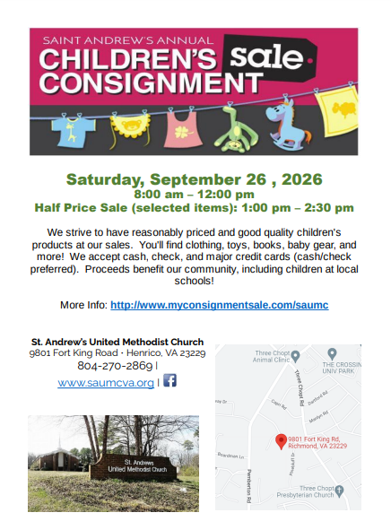 St. Andrew’s UMC Fall 2026 Children’s Consignment Sale