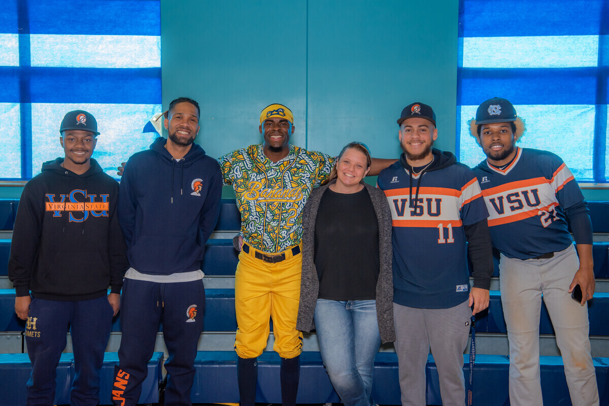 New Foundation Launches to Help More Kids of Color Play Baseball Sherry Cerny is show with VSU Coach Marcus Morgan, Malachi Morgan who plays for the Savannah Bananas, and VSU baseball players Gene, Matt, and Mitch.