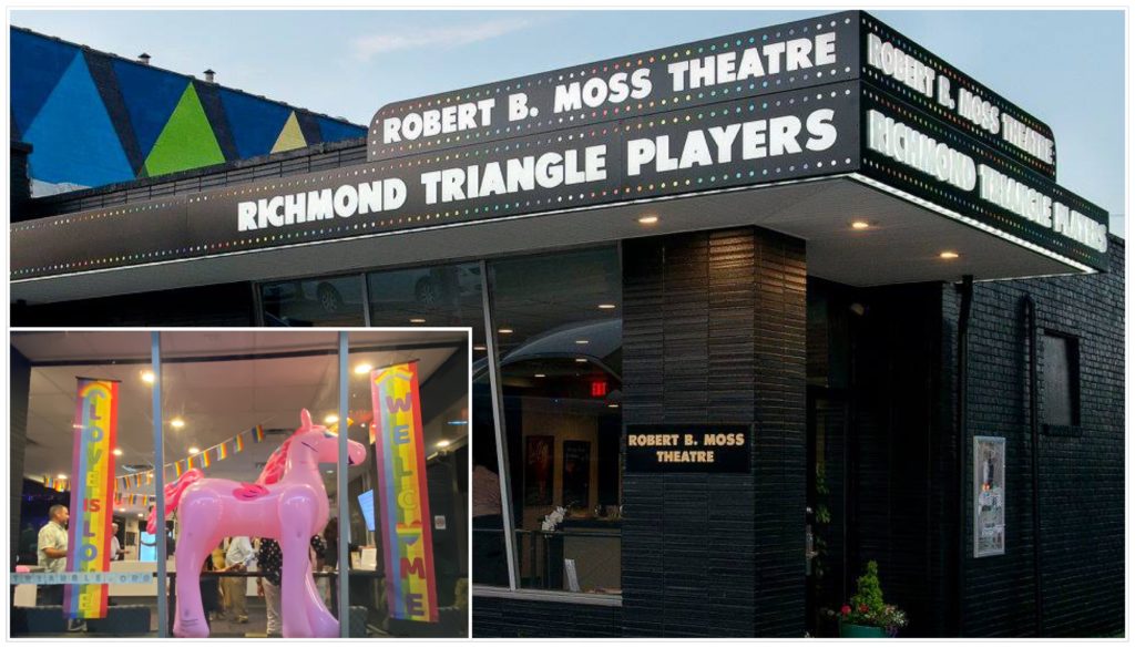 RTP theater front with pink unicorn in window