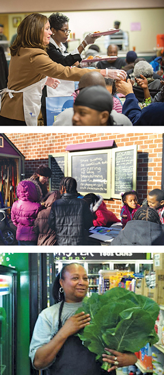 From top, First Lady Dorothy McAuliffe and Councilwoman Cynthia Newbille serve lunch at the opening of 31st Street Baptist Church’s Nutrition Center; the Learning Garden at Peter Paul Development Center; the Healthy Corner Store Initiative is expanding in 2015.