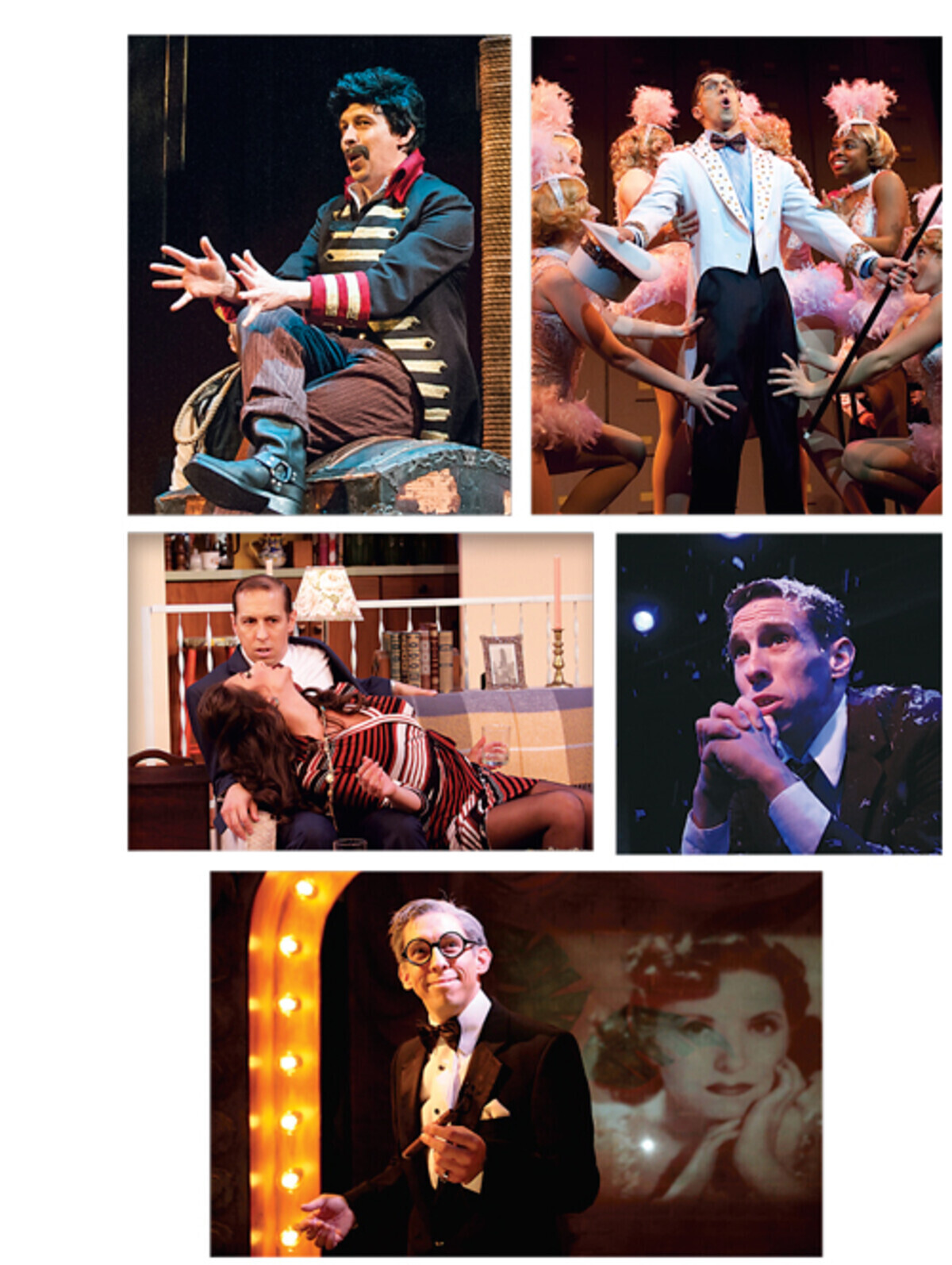 “Scott has a special way of bringing a character to life,” says Virginia Rep’s artistic director, Bruce Miller. Above, Scott wowed audiences as Leo Bloom in The Producers (2012); as Black Stache in Peter and The Starcatcher (2015), Scott showcased his flair for comedy; in Neil Simon’s Last of the Red Hot Lovers (2015), Scott worked onstage with his real-life girlfriend, Eva DeVirgilis; in This Wonderful Life (below) Scott brings all the characters of Bedford Falls to life during a one-man show at Hanover Tavern; as George Burns in the emotional tribute, Say Goodnight Gracie (2013)