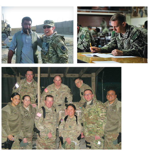 Scott was thirty-four when he enlisted in the Navy Reserve, declaring the opportunity “a window he did not want to see closed.” From left, Scott with an Afghan local in 2012; taking an exam in Djibouti in 2014; with his joint Navy/Army/USAF unit in Afghanistan in 2012.