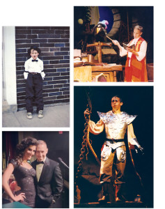 Clockwise from top: Scott performed on the Busch Gardens, Williamsburg stage in the late nineties. Fourth-grade Scott was Charlie Chaplin in a musical revue. In Man of La Mancha, Scott’s senior play at Pittsfield High, Scott was Aldonzo alongside Hollywood actress and classmate, Elizabeth Banks. Scott is shown right with Eva DeVirgilis after a 2013 concert from the couple at Westminster Canterbury in Richmond.