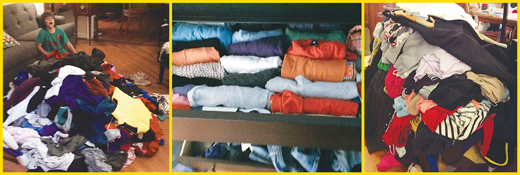 KonMari applied to clothing means you examine every item and ask the question: Does this spark joy? The recommended KonMari  folding system did not deliver on the fewer wrinkles front, but did result in extra drawer space for the grownups in the family.