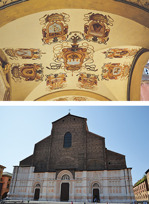 Looking up is always recommended when touring Bologna. One of many apsis is shown above; below, the Basilica de San Patronio, with its unfinished  exterior, stands as a reminder of Rome’s reach.