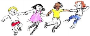 kids holding hands running